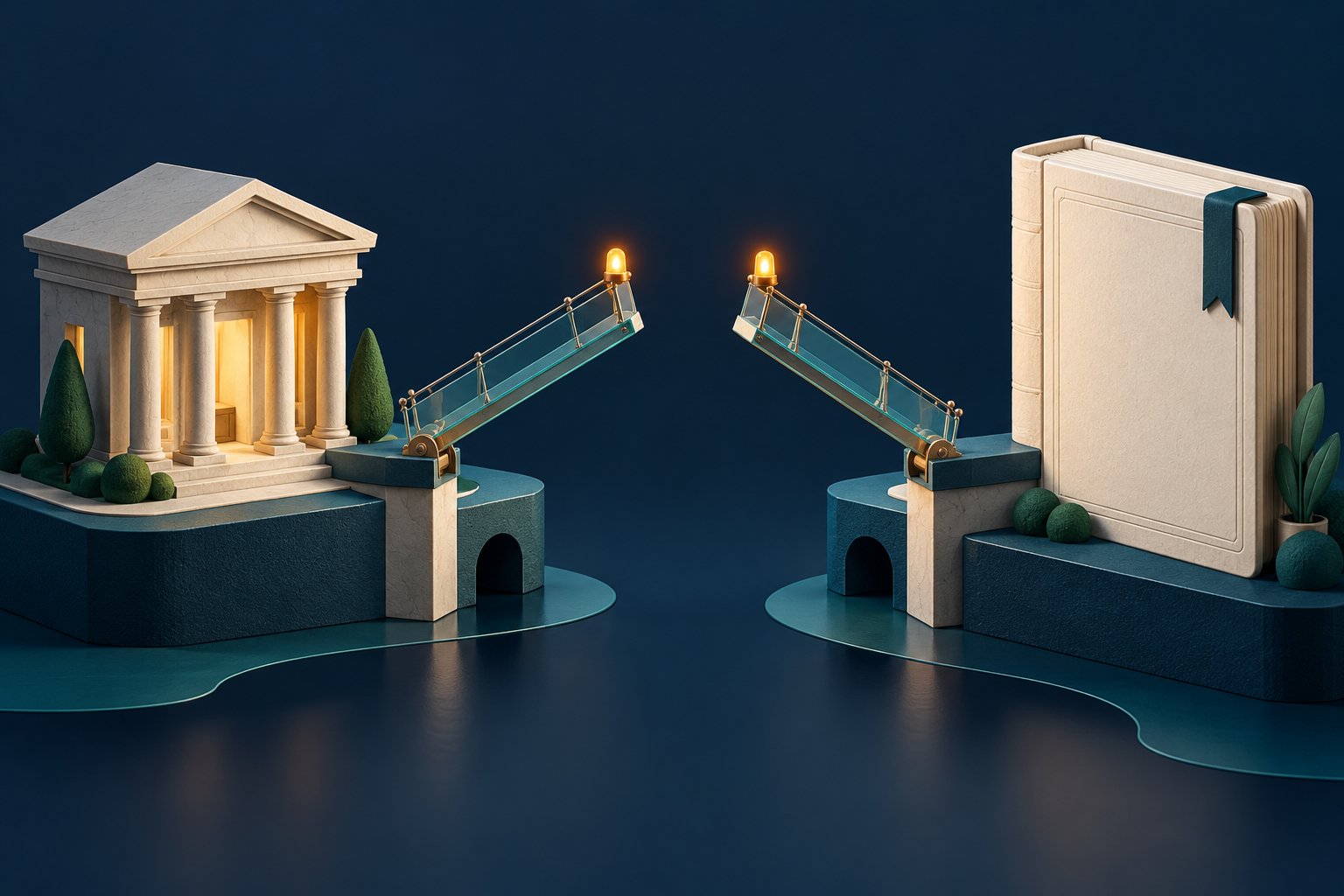 A raised drawbridge separates a stylized bank from a ledger, with two small amber signal lights.