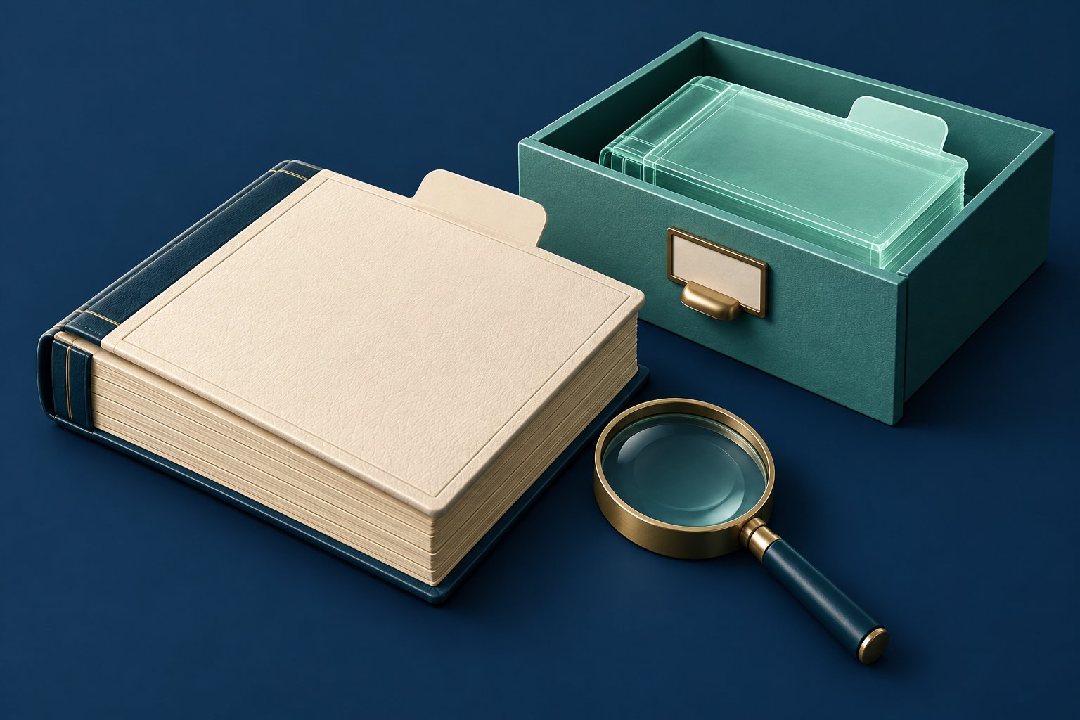 An ivory ledger and translucent backup folder rest in an open navy storage drawer beside a lens.