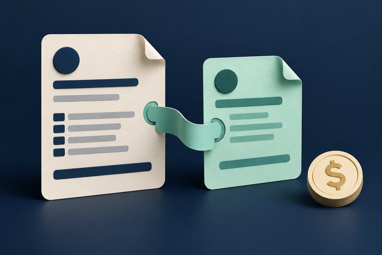 An ivory invoice and mint credit-note card are linked together, with a separate coin representing cash.