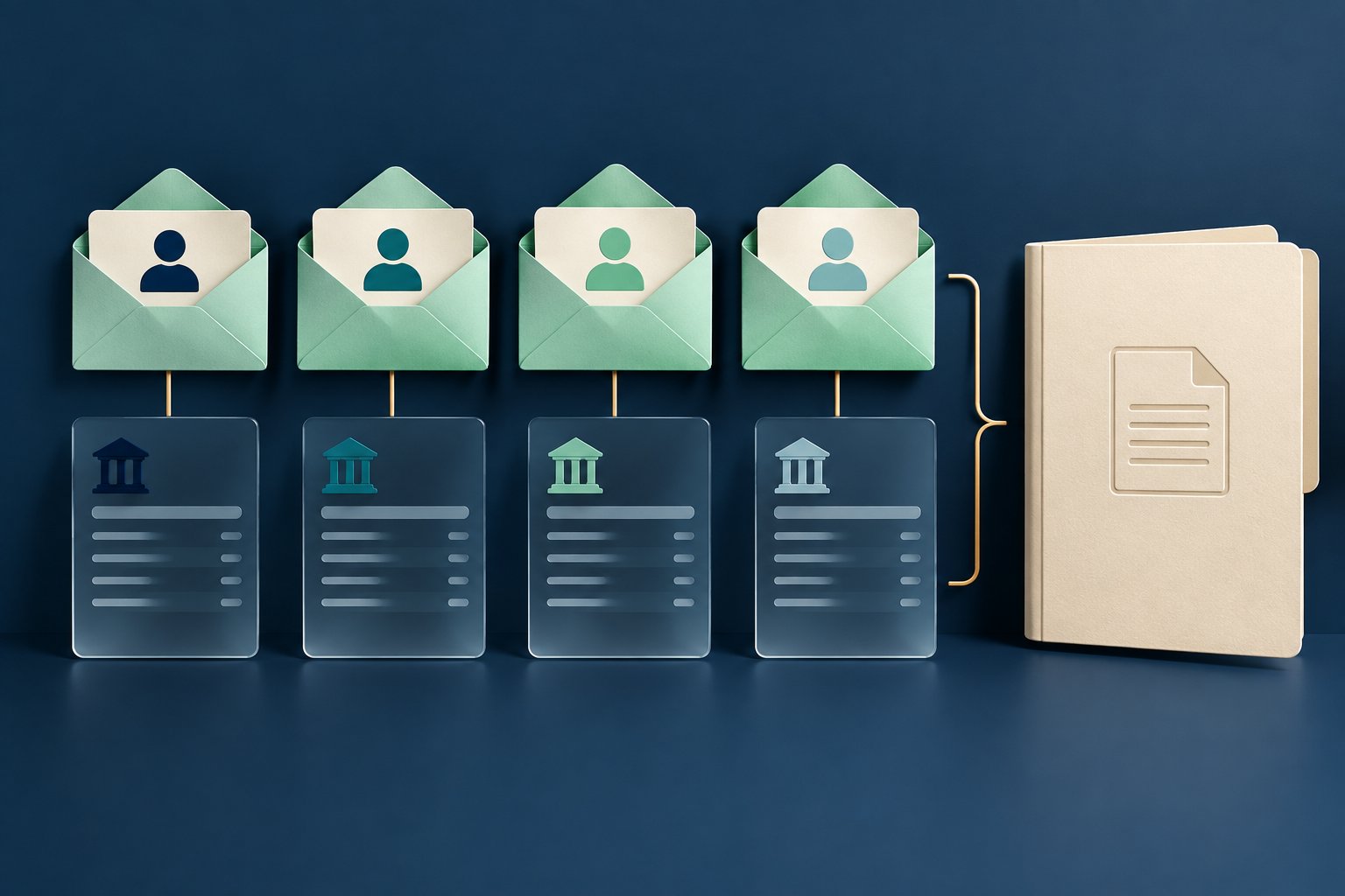 Four mint person-and-envelope symbols align with bank evidence cards and a navy records folder.