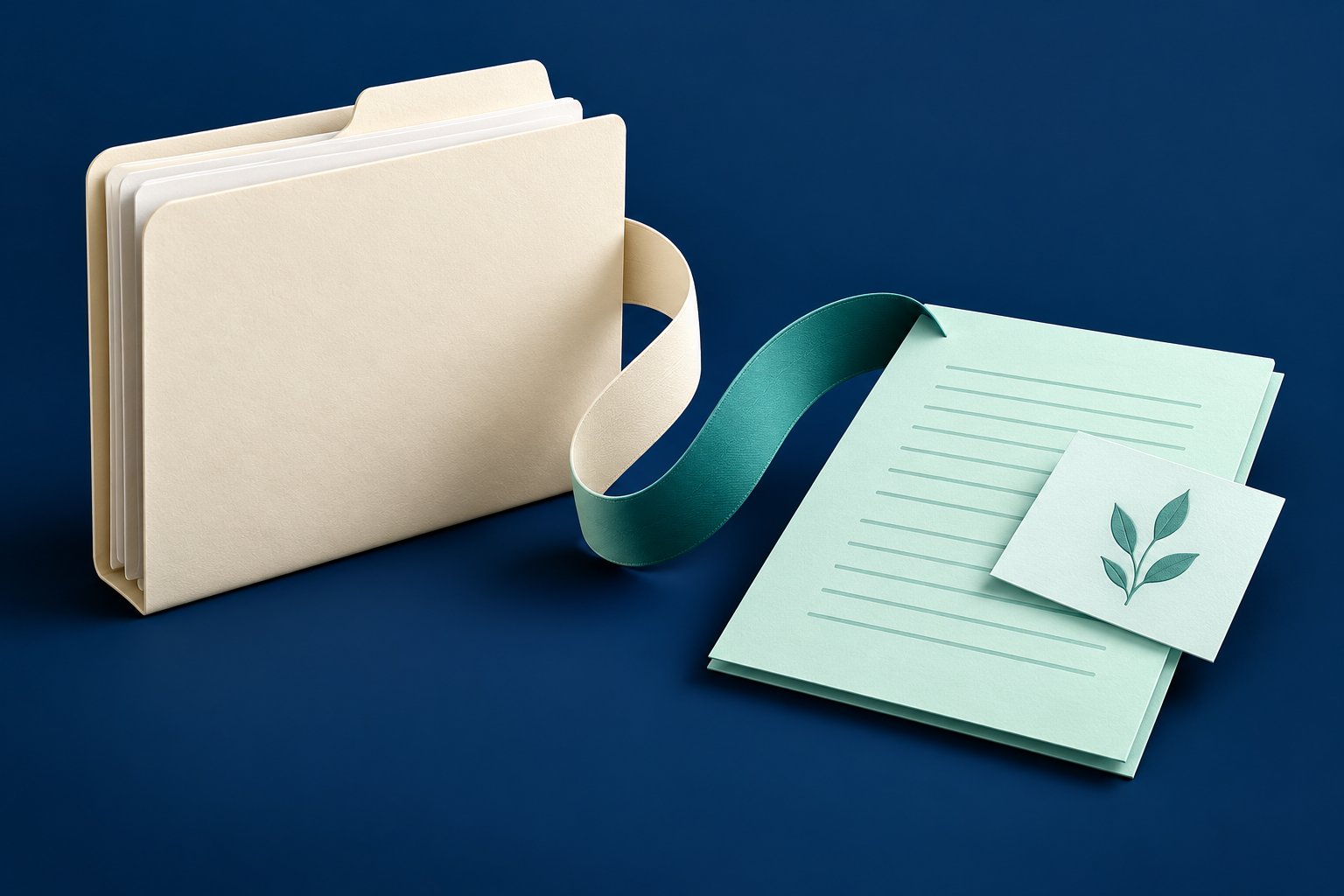 An original records folder is kept separate from correction worksheets beside a mint ribbon marker.