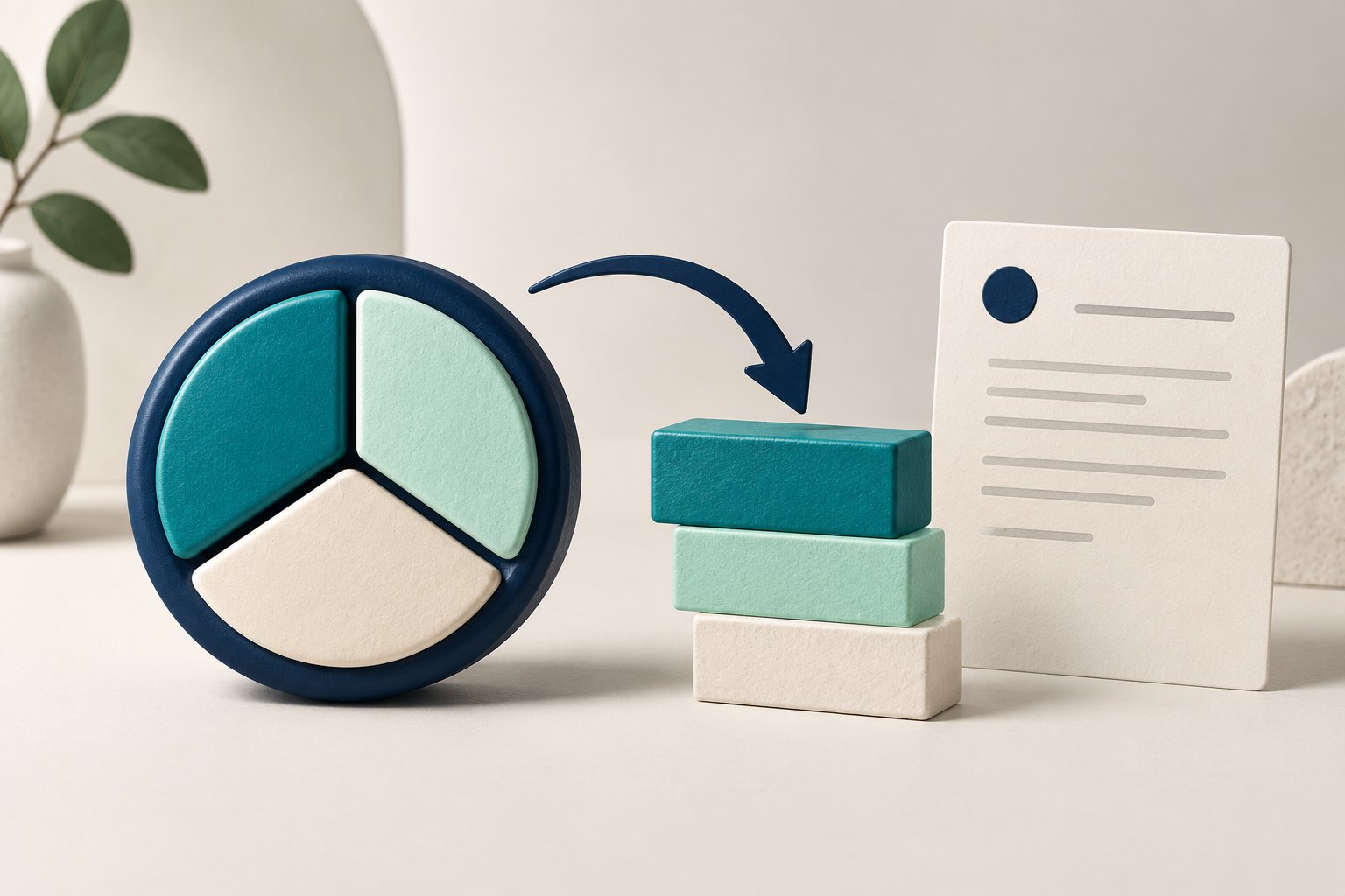 A payment disc separates into three colored sections beside stacked loan blocks and a blank lender statement.