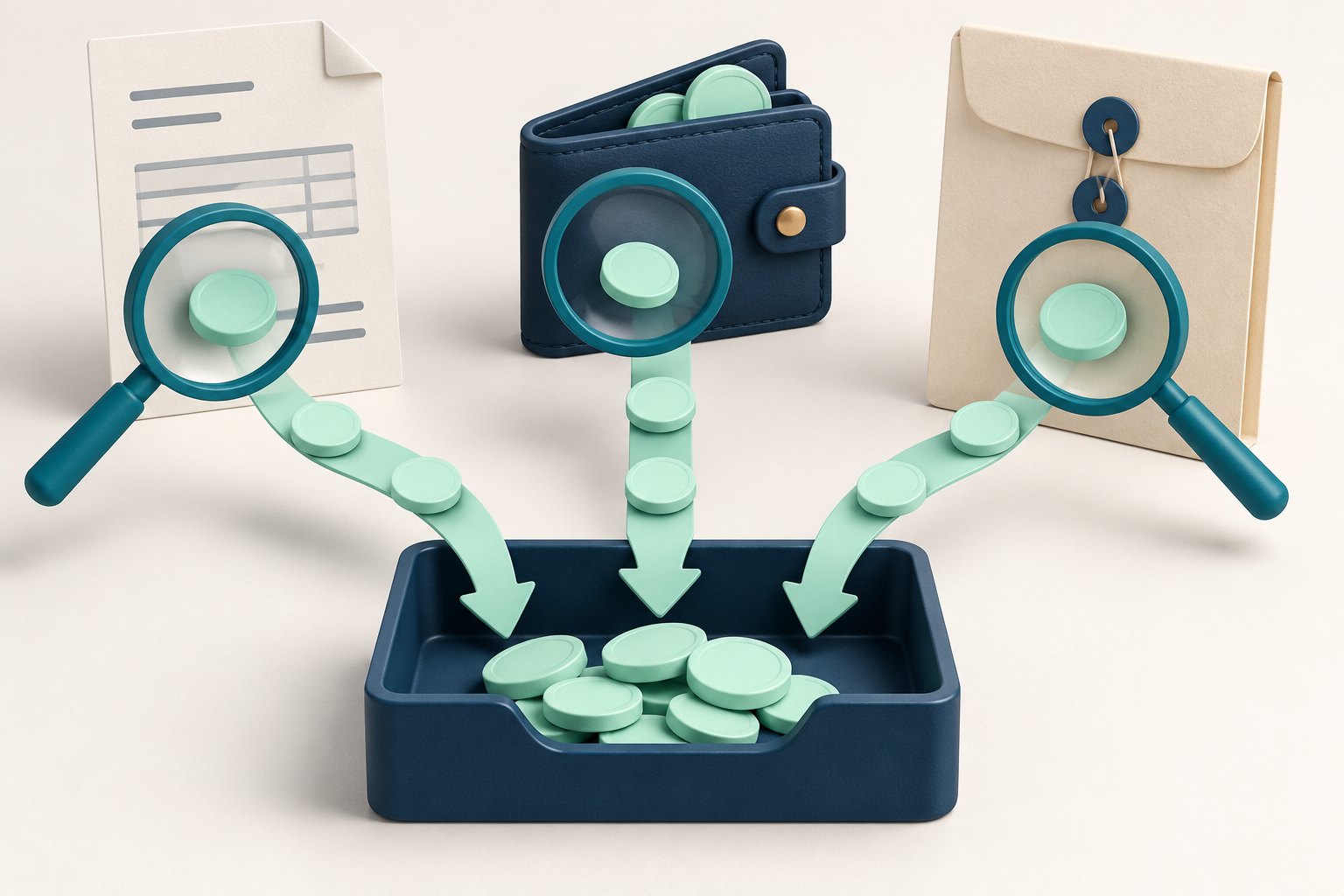 Invoice, wallet and loan-folder symbols feed mint tokens into one navy tray through three inspected paths.