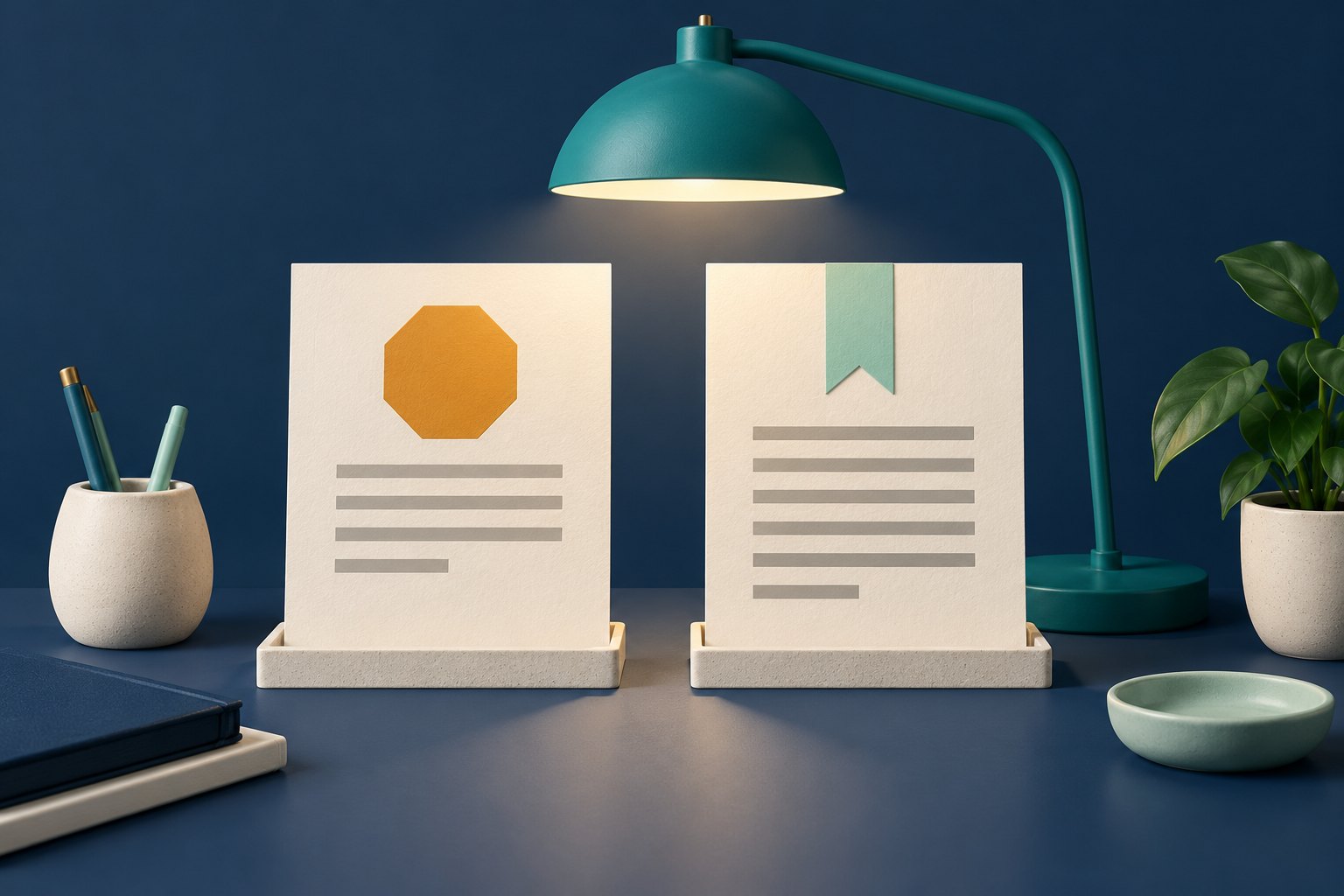 Two document panels under a teal lamp show an amber stop marker and a mint bookmark.