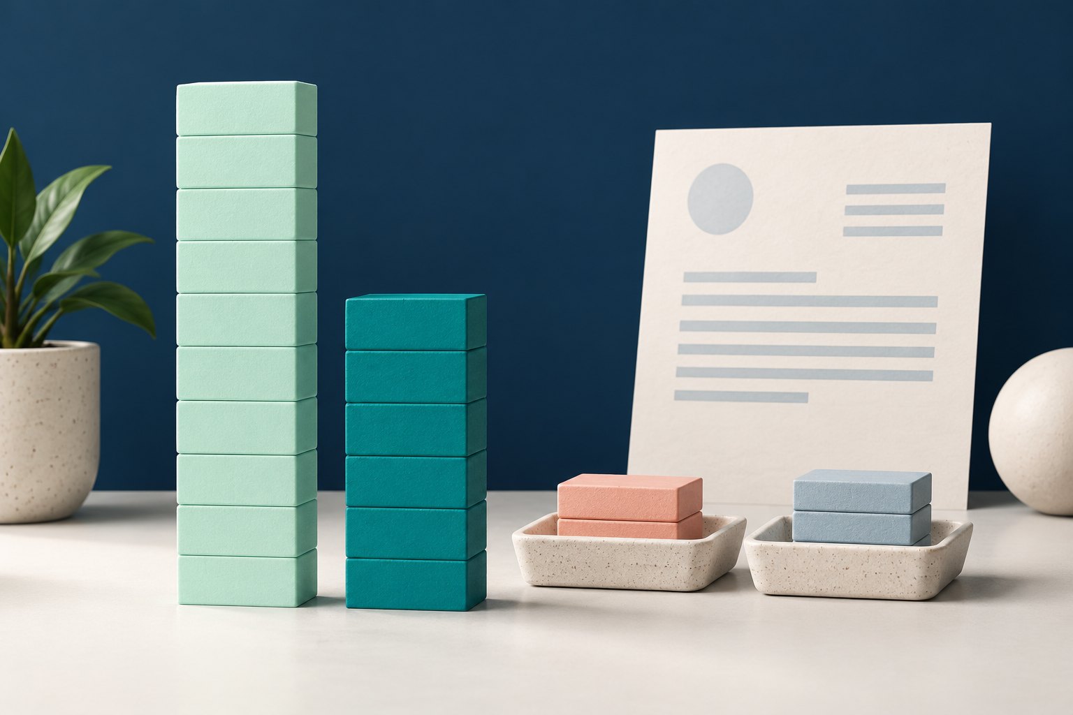 Tall mint gross-receipt blocks and shorter teal payout blocks stand beside separate adjustment trays and a blank information form.