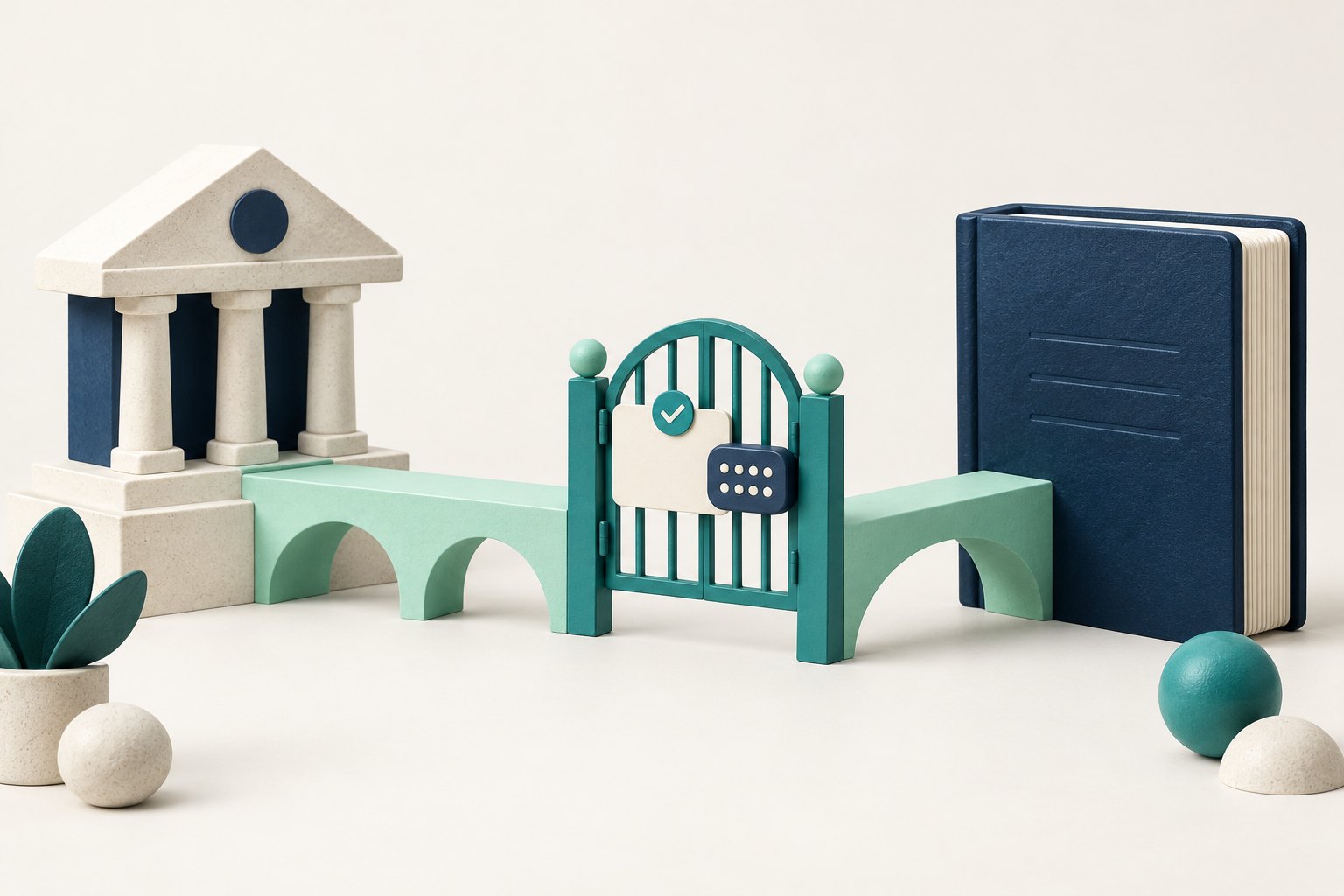 A verification gate pauses a mint bridge between an abstract bank building and a navy ledger.