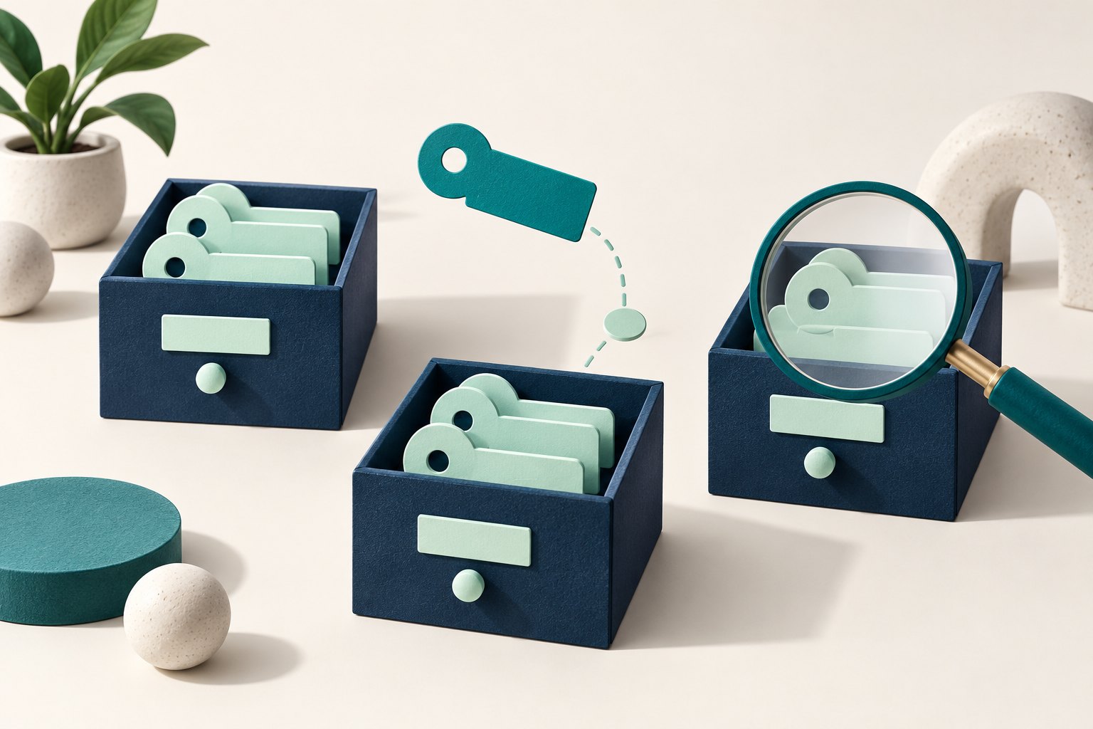 A floating account tab sits between navy drawers while a magnifying lens checks the existing tabs.