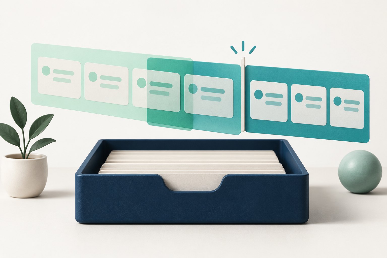 Overlapping mint and teal transaction strips are divided above a navy reconciliation tray.