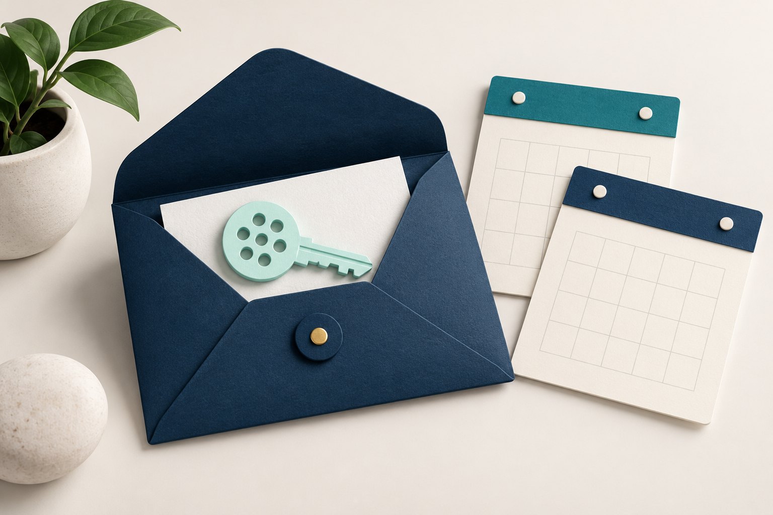 A mint key rests in a navy envelope beside two blank calendars with different colored tabs.
