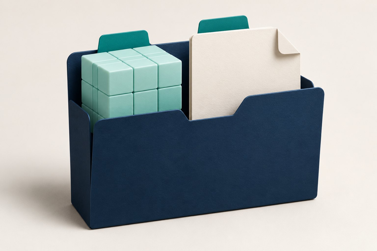 A navy archive folder holds a mint data cube and a flat cream document with matching teal tabs.