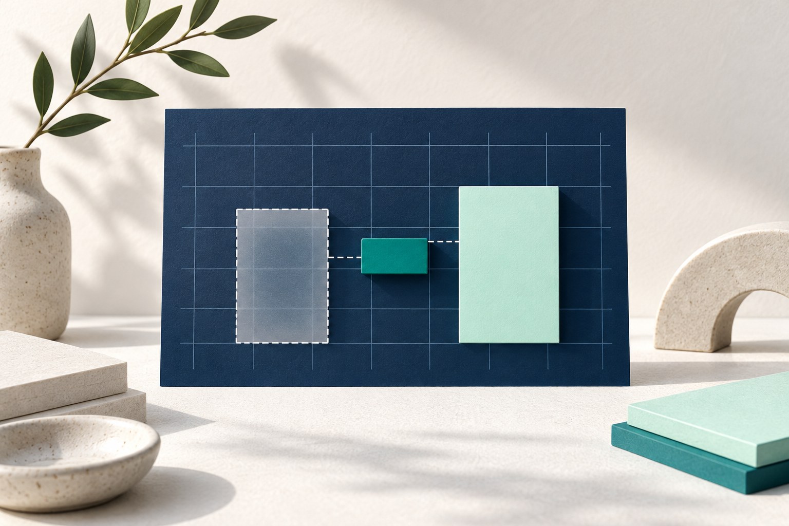 A translucent estimate block and solid mint invoice block sit on a navy grid with a small teal adjustment piece.