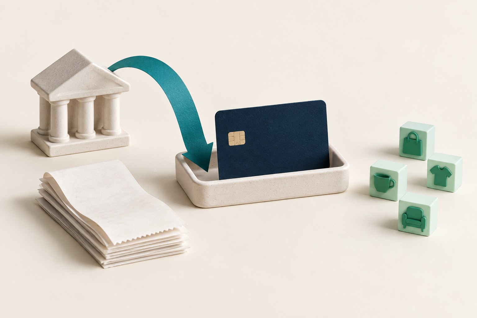 A teal transfer ribbon connects a bank to a navy credit card while receipt papers and purchase blocks remain separate.