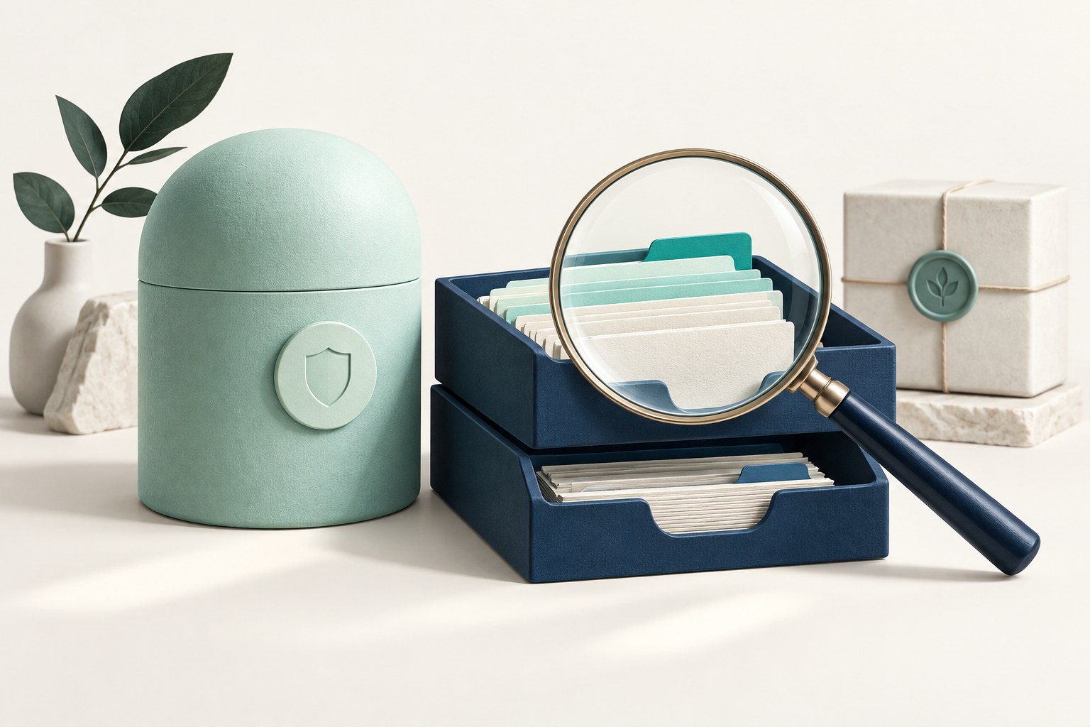 A mint archive capsule and navy document tray are examined through a magnifying glass beside a sealed safety copy.