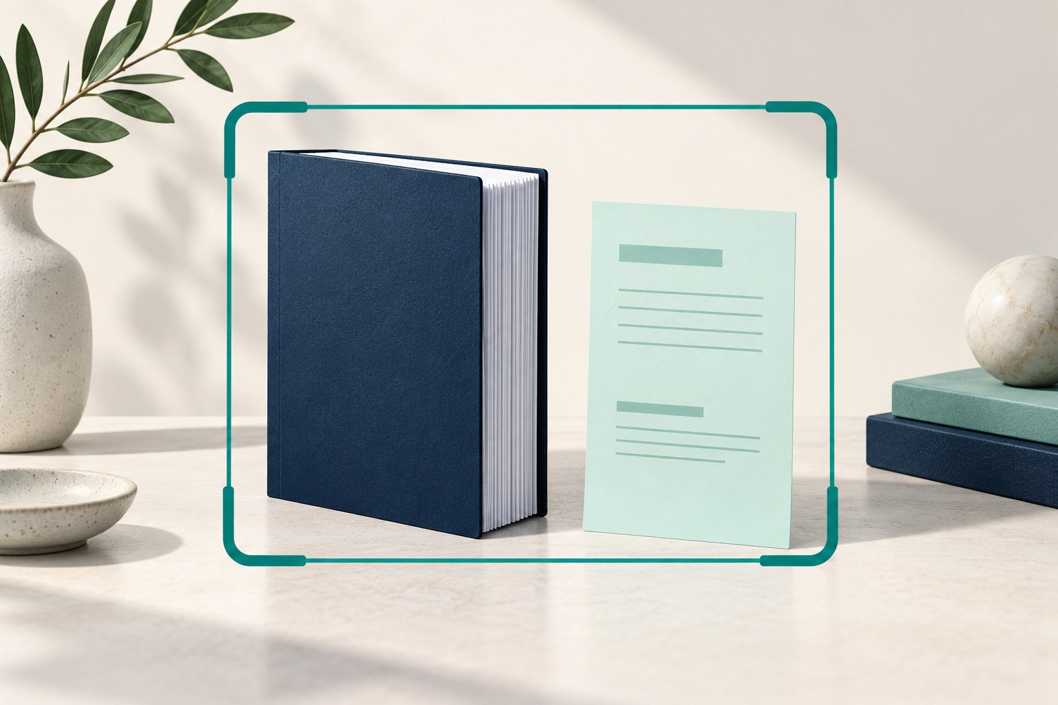 A thick navy return dossier and slim mint summary sheet sit inside a teal selection frame.