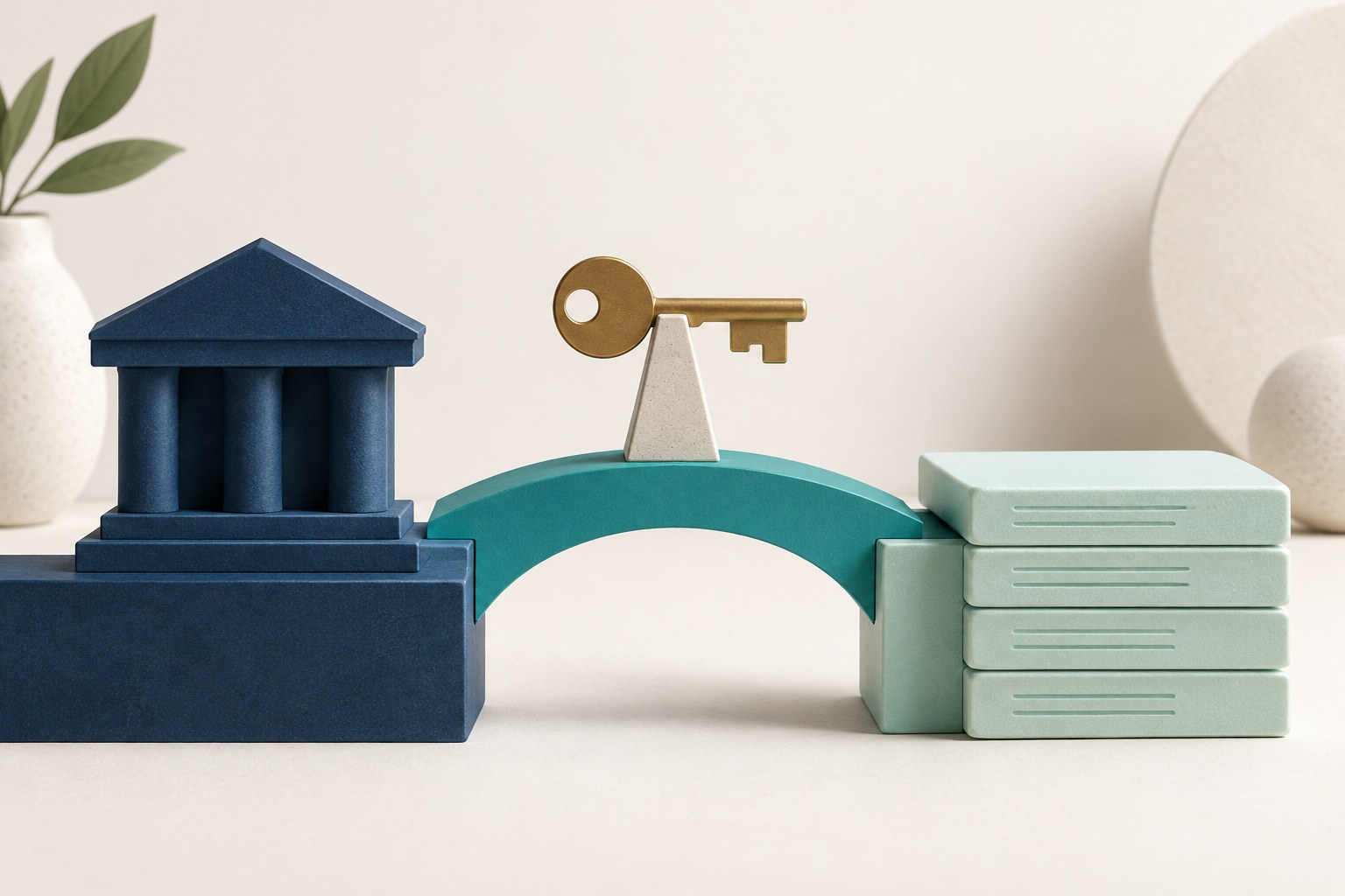 A teal bridge and single key connect a navy bank-shaped object to mint ledger tiles.