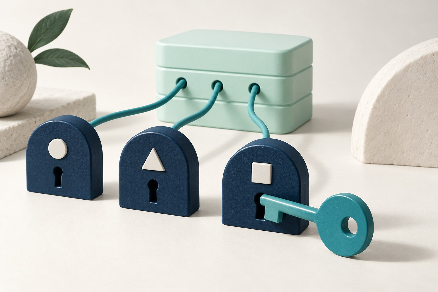 Three distinct navy authorization gates connect to mint ledger tiles, with a teal key fitted to one gate.