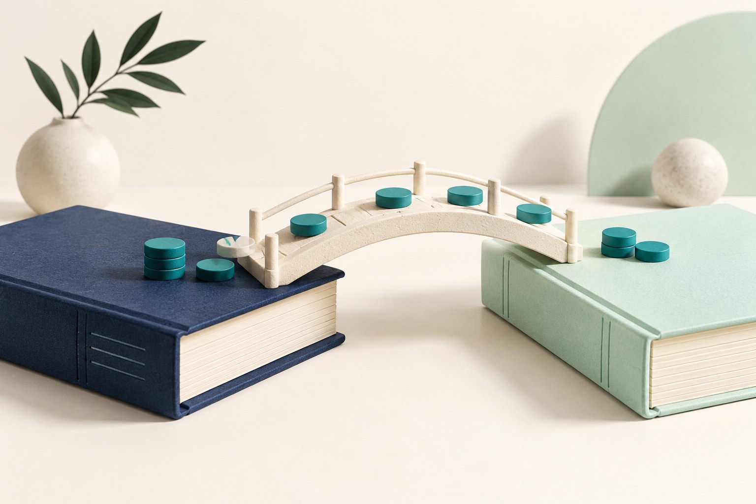 An ivory bridge carries teal outstanding-item tokens from a navy closing ledger to a fresh mint opening ledger.