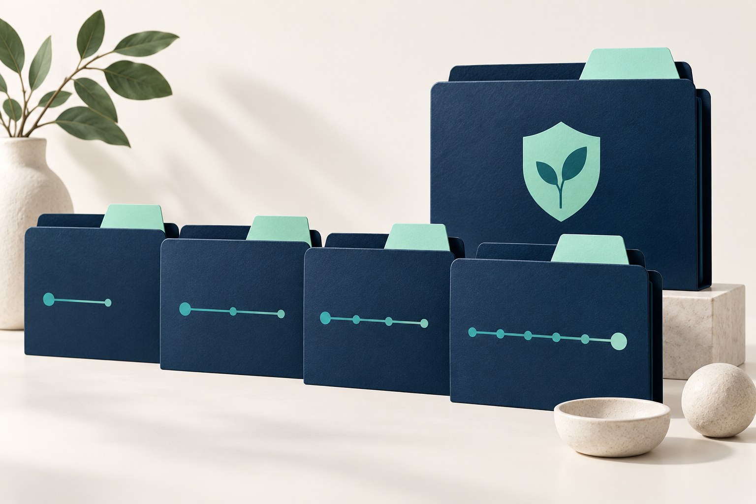 Navy archive folders have different-length timelines and mint tabs, with a protected long-term folder behind them.