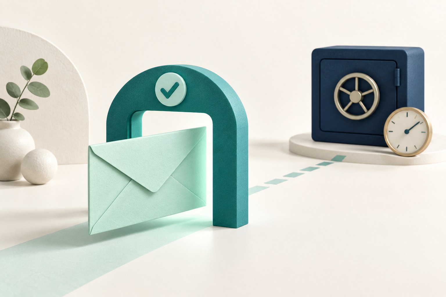 A mint envelope passes a teal checkpoint while a separate navy vault and clock represent a later process.