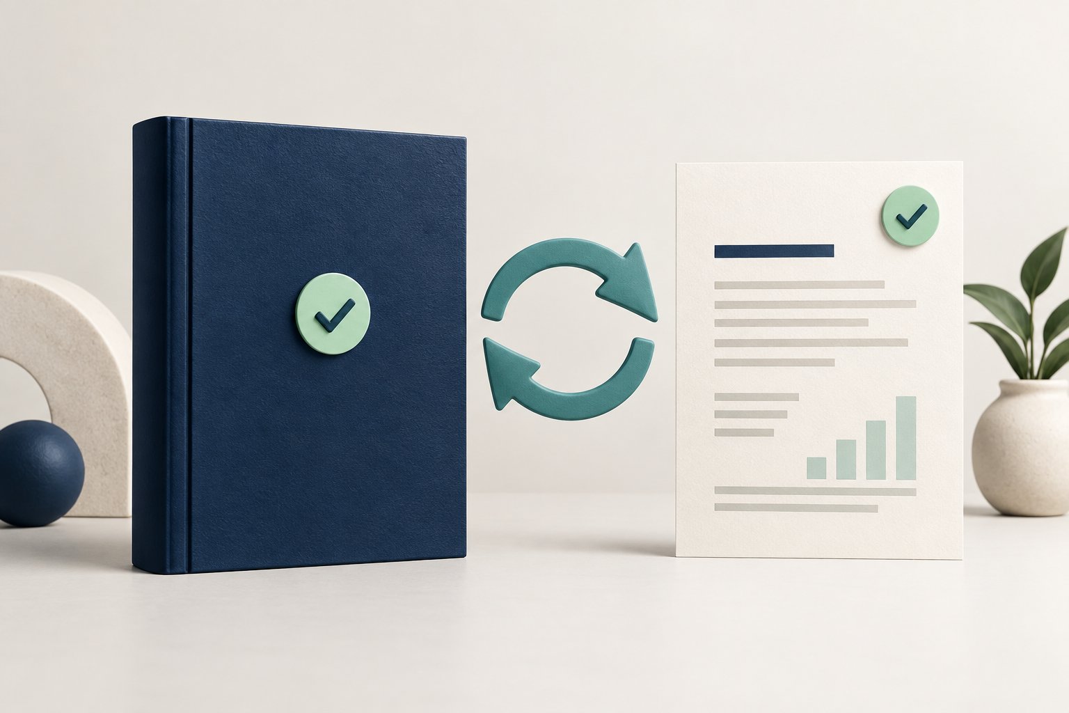 A teal refresh arrow connects a navy source folio and an ivory page with matching mint review markers.