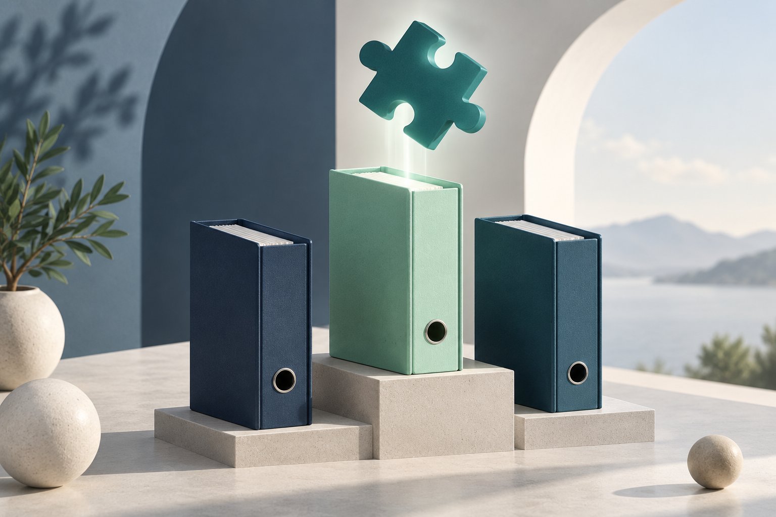 One mint annual archive folder stands above two navy folders as a matching teal update piece approaches it.