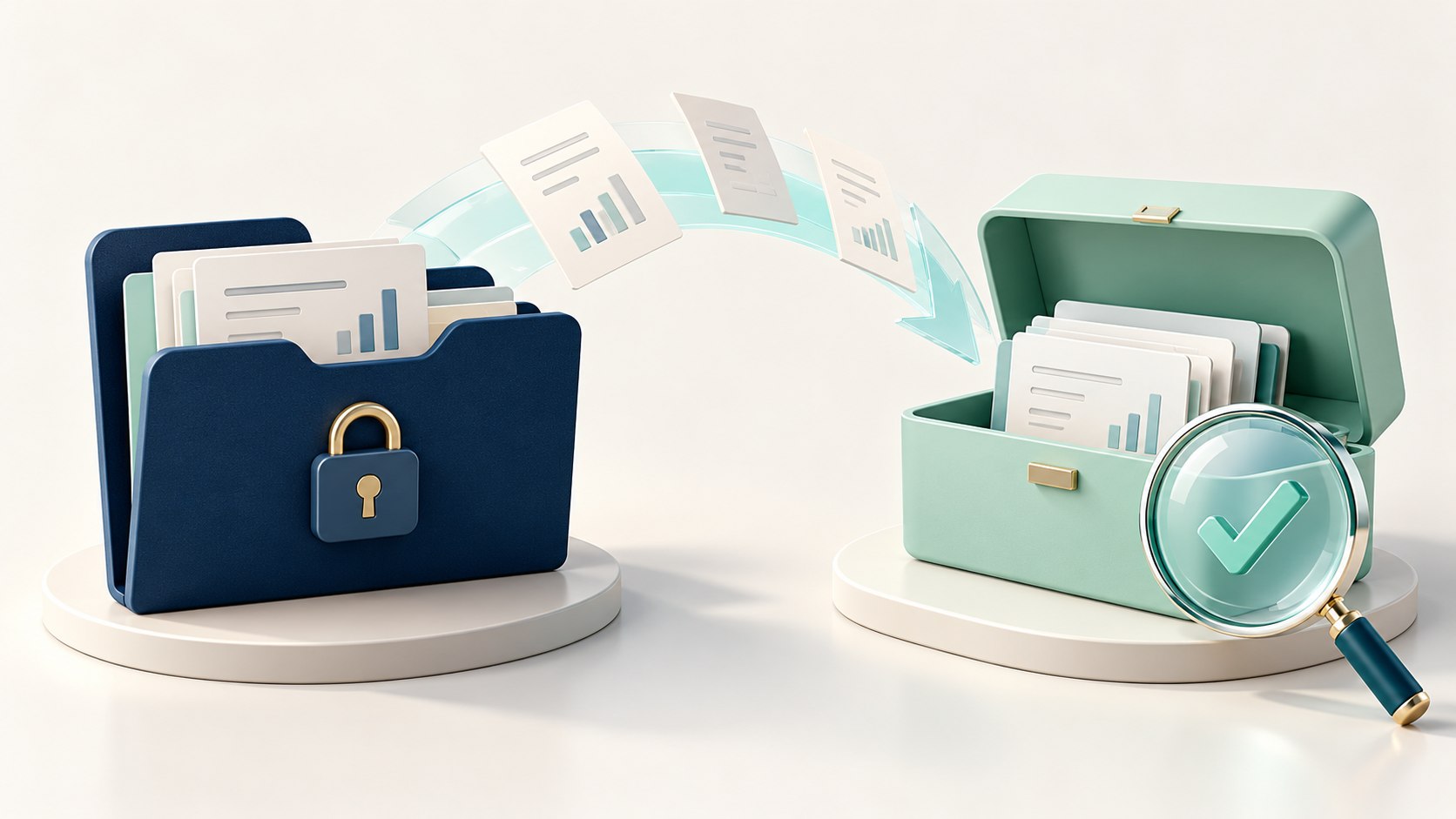 A protected navy tax-data folder is copied into a separate mint storage case and checked with a lens.