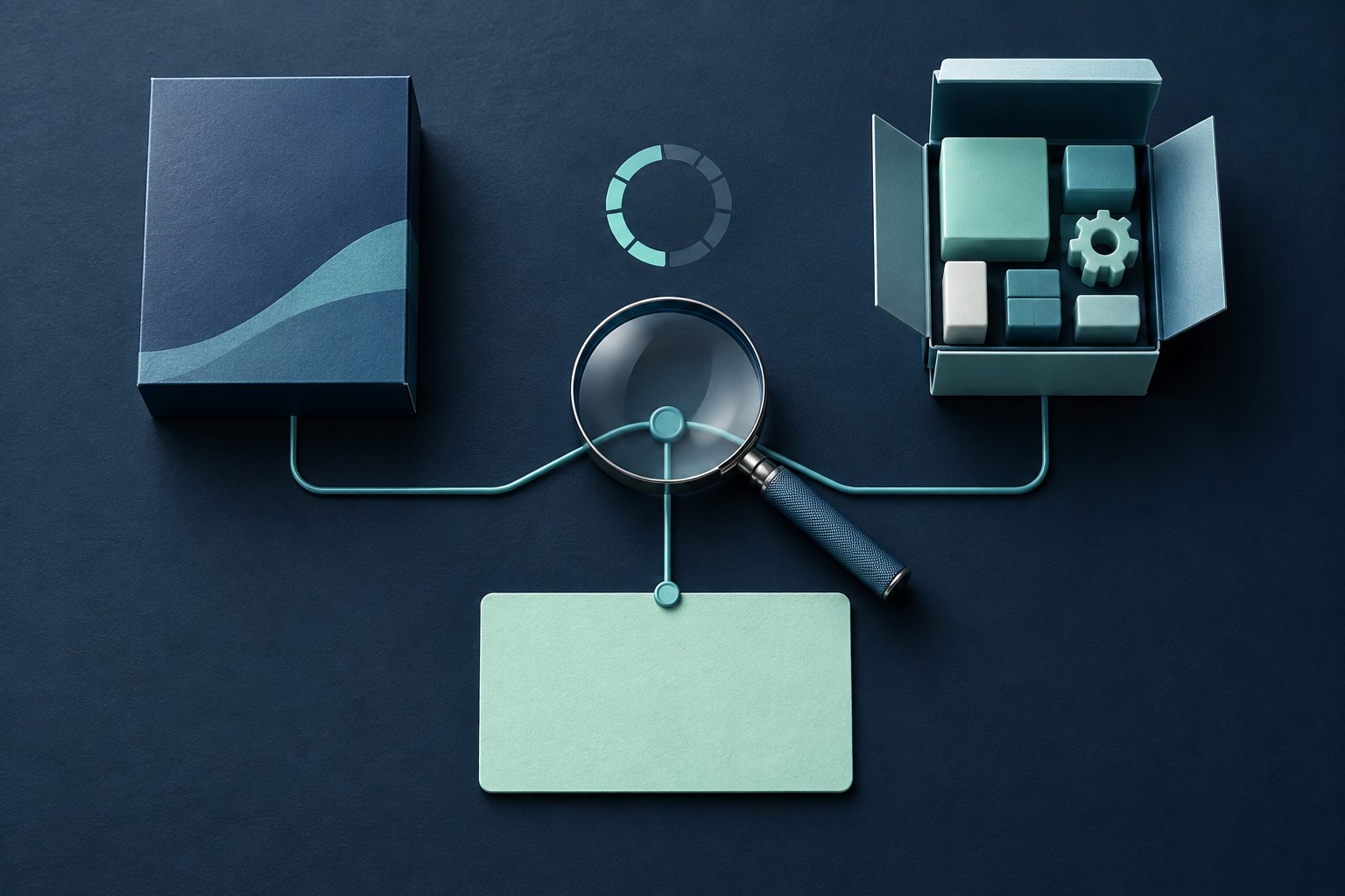 Closed and open software boxes connect to a blank evidence card under a magnifier, beside an incomplete progress ring.